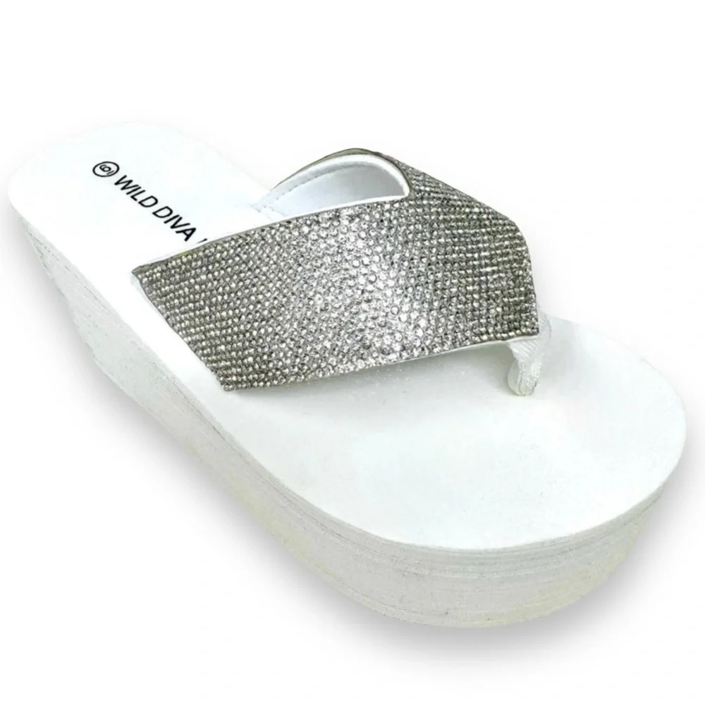 Wild Diva Heat White Y2K Rhinestone Embellished Ultra Platform Wedge Sandal